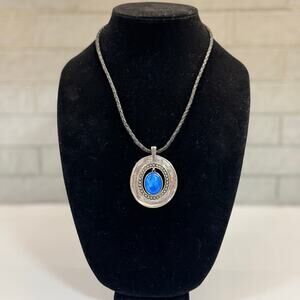 Silver & Blue Medallion Necklace on Leather Strap 20" Adjustable Bohemian - Boho